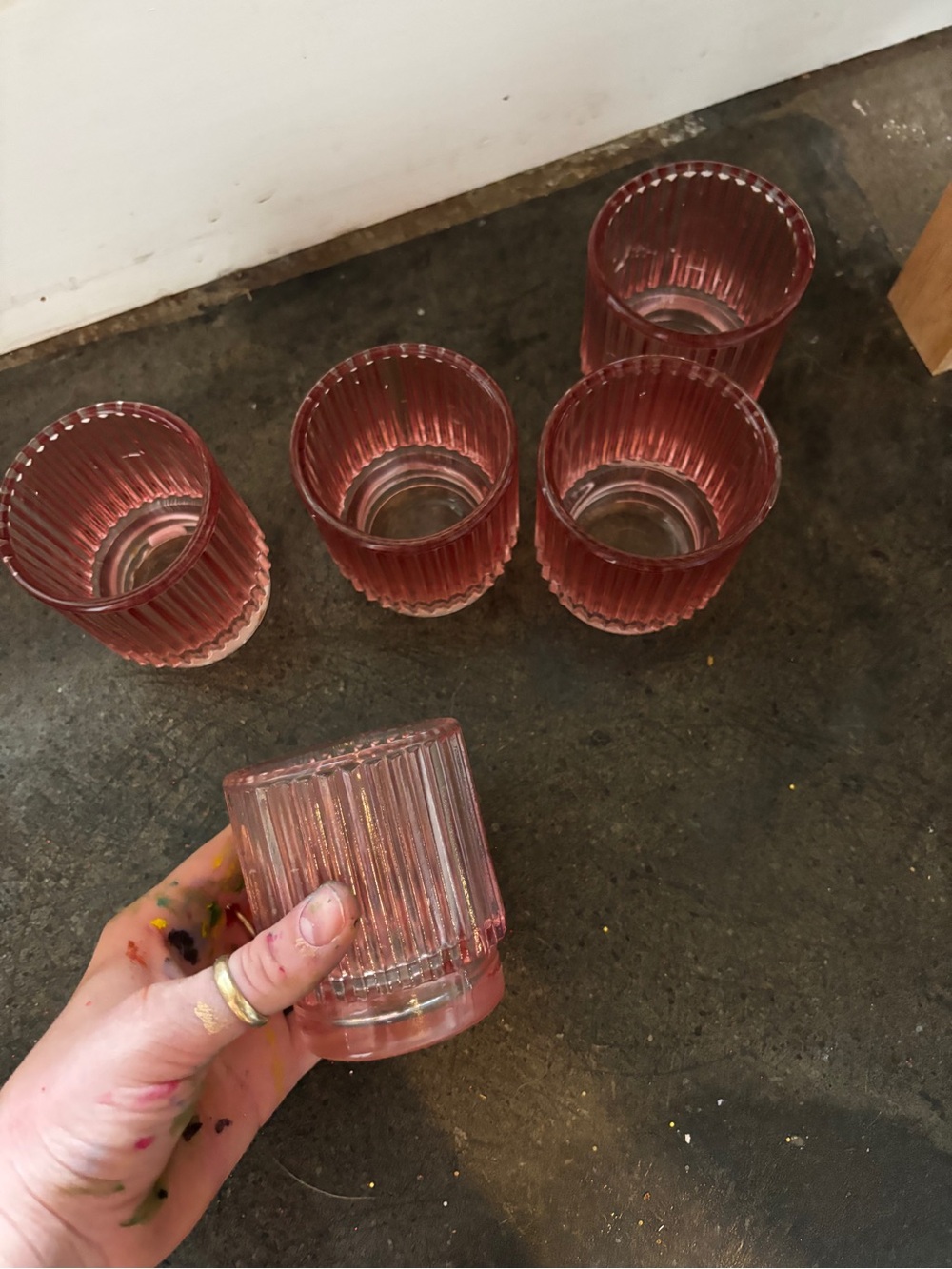 Pink Ribbed Glass Tumbler cups - Set of 5